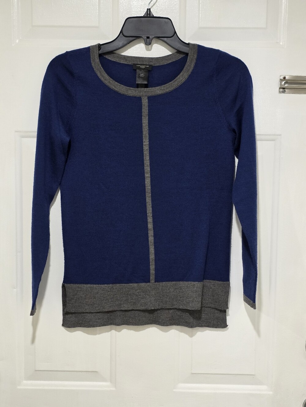 Anne Taylor Navy Crewneck Sweater with Gray Trim